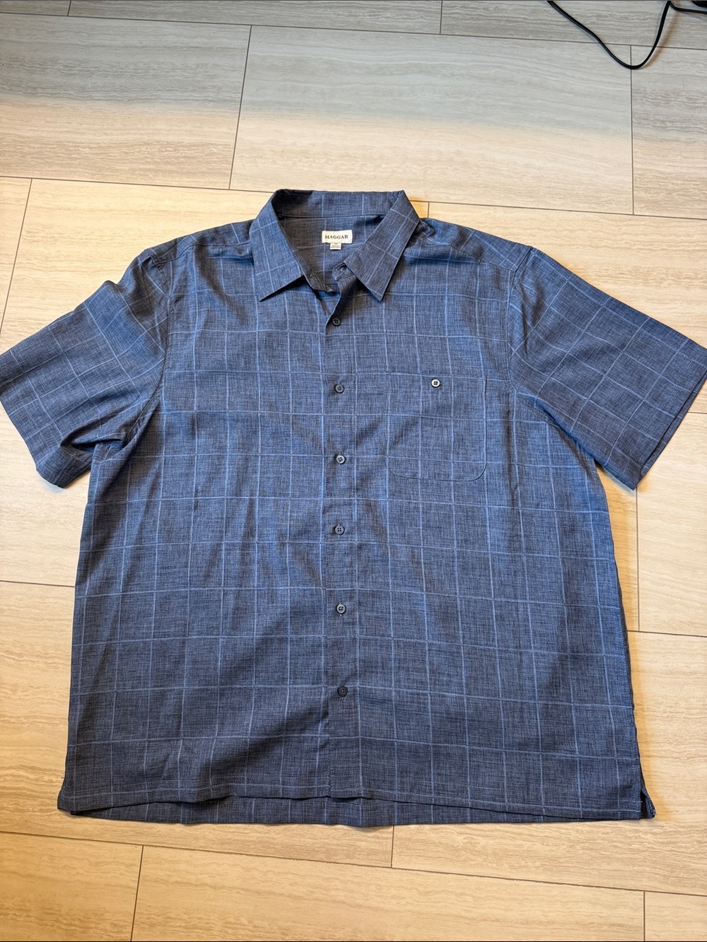 Haggar Casual Short Sleeve Button-Down Shirt in Navy Windowpane